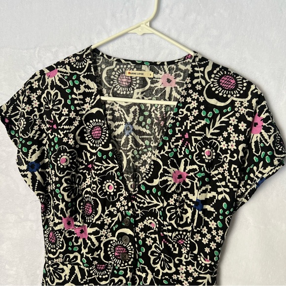 Marine Layer Camila Mini Dress Small black floral hemp casual pockets A-line - Picture 3 of 9